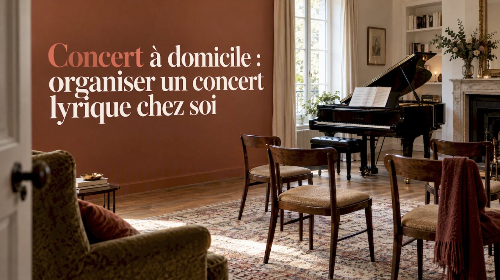 Salon aménagé pour un concert lyrique à domicile, avec piano à queue et chaises pour les invités